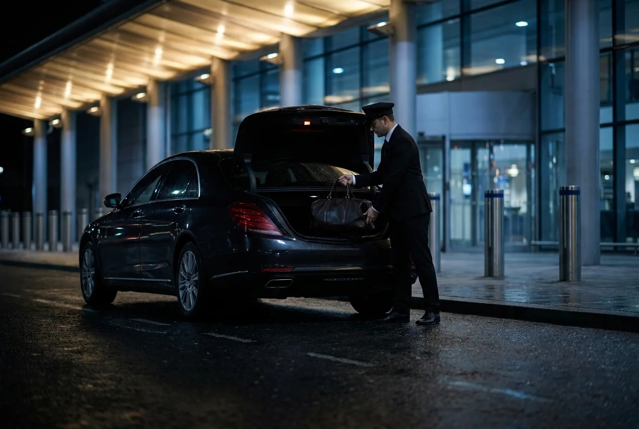 A chauffeur loading a suitcase into a black sedan at an airport kerb at night