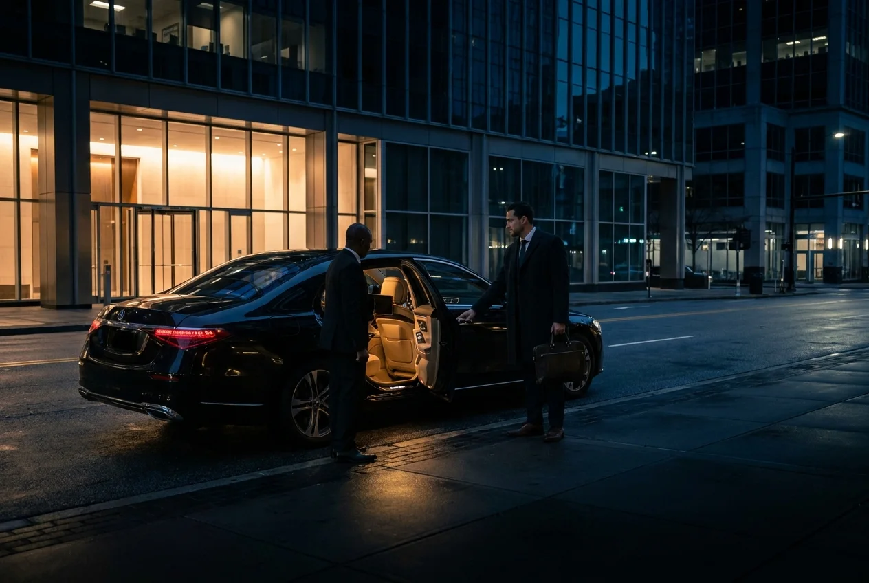 A chauffeur holding the rear door of a black sedan outside a lit office tower before dawn