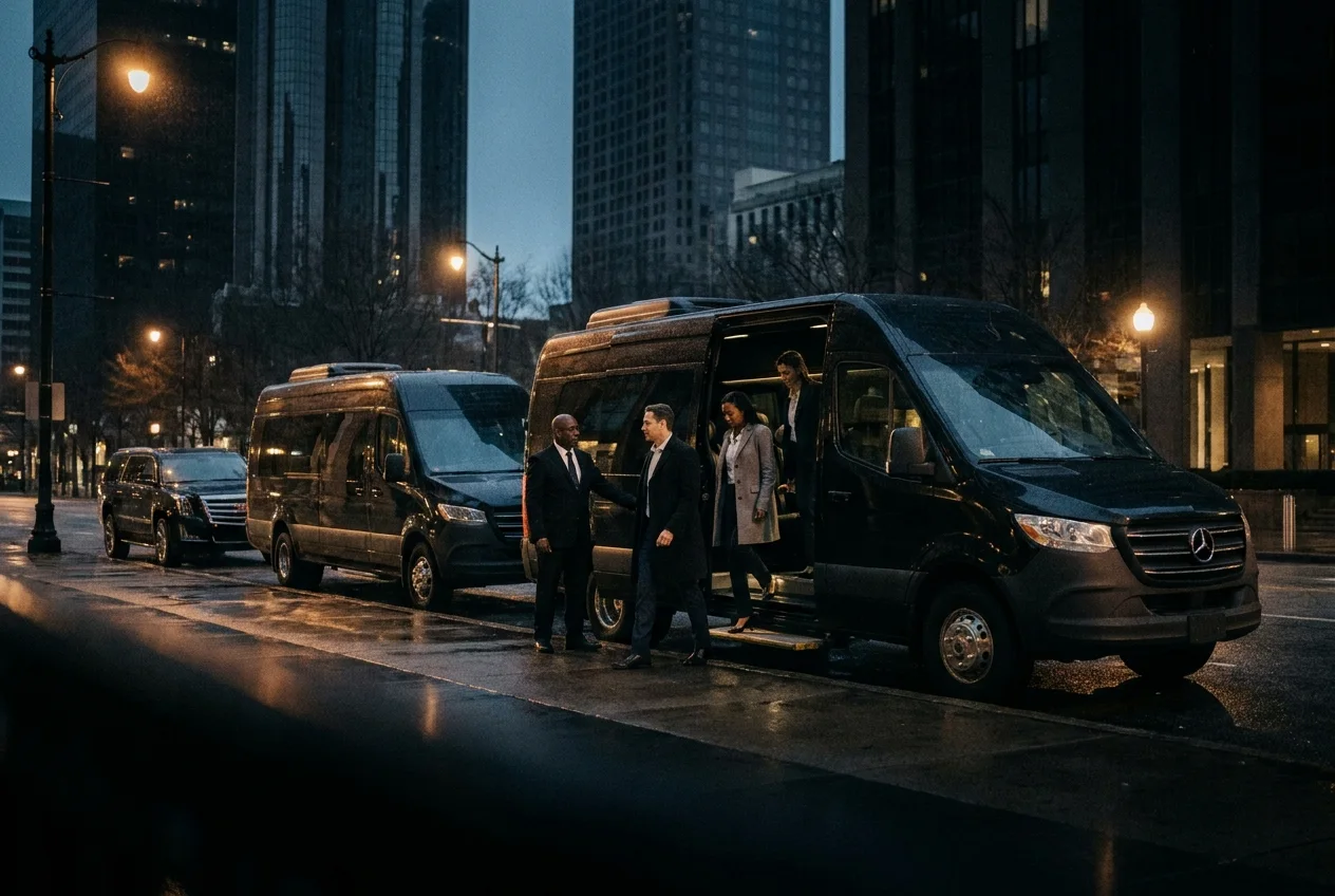 Two black Sprinter vans staged in convoy on a downtown street as a group boards