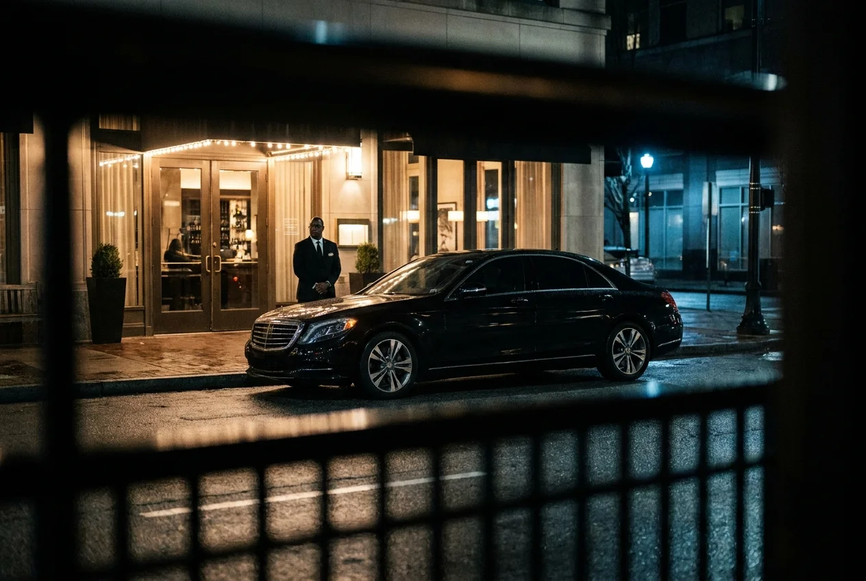 A chauffeur waiting beside a black sedan outside a warmly lit restaurant at night