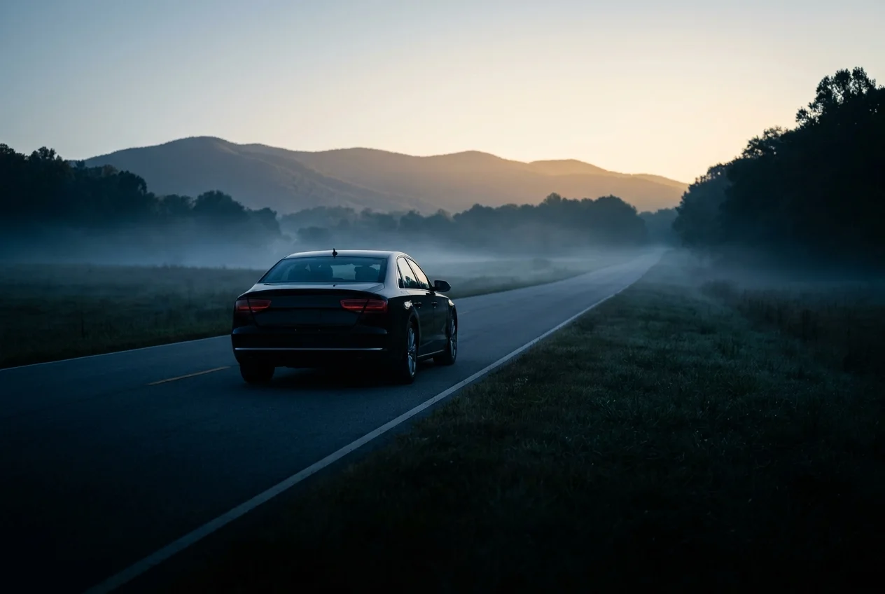 A black sedan on an empty Georgia highway at first light, mist over the fields