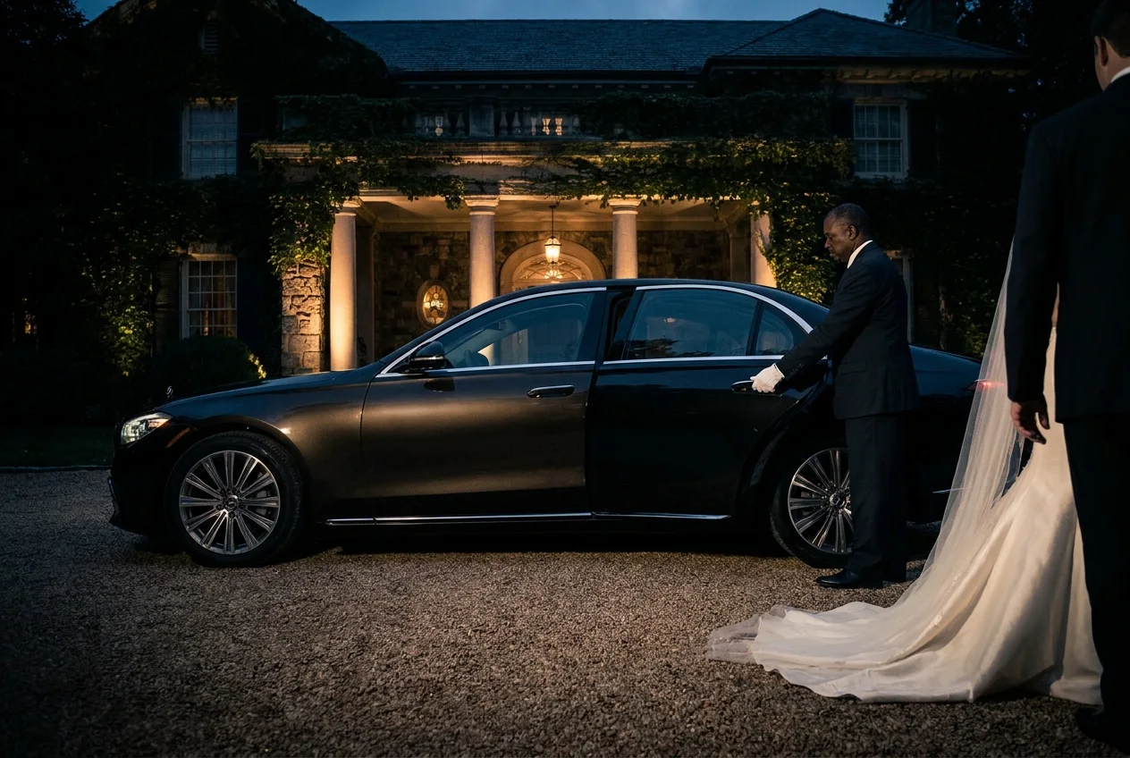 A white-gloved chauffeur opening a car door for a bride outside an estate at dusk
